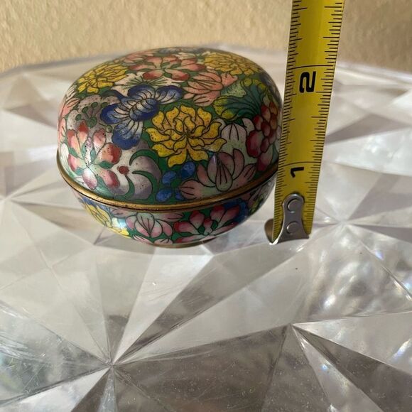 Cloisonné Bird Egg Blue Enamel Floral Vintage Trinket Round Box - Picture 10 of 11